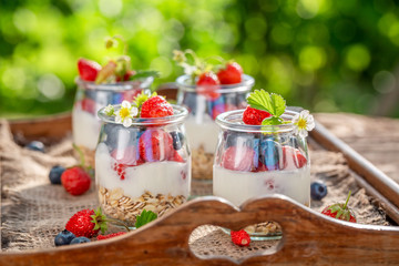 Homemade granola with berries and yoghurt in jar
