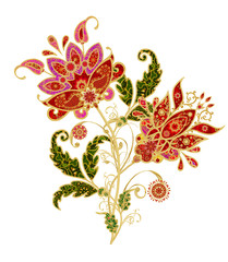 Stylized golden shiny flowers on high stems, elements of paisley decor. Isolated on white background.