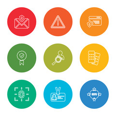 outline stroke gdpr, id card, finger, cookie, person, medal, website, attention, letter, vector line icons set on rounded colorful shapes