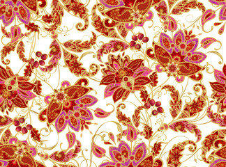 Seamless pattern. Golden textured curls. Brilliant lace, stylized flowers. Openwork weaving delicate, golden background, Paisley.