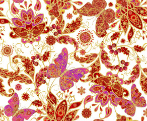 Seamless pattern. Vertical border. Golden textured curls. Brilliant lace, stylized flowers, pink pastel rose. Openwork weaving delicate, golden background, Paisley, jeweler's butterfly.