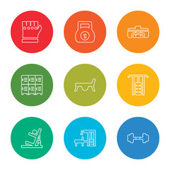 outline stroke dumbbell, gym station, gym station, gym station, jumping equipment, lockers, sport bag, kettlebell, glove, vector line icons set on rounded colorful shapes
