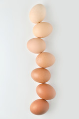 Chicken eggs are arranged in a gradient color on white background.