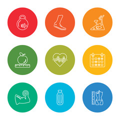 Fototapeta premium outline stroke body, punching bag, muscle, calendar, heart, apple, stationary bike, running, kettlebell, vector line icons set on rounded colorful shapes