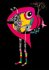 strange pink fish creature with human legs, colorful illustration over a black background