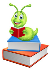 A cartoon character cute caterpillar worm bookworm education mascot reading on top of a pile of books reading