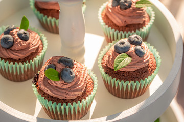 Tasty brown cupcake in sunny summer garden
