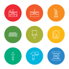 outline stroke paper, hammer, arrow, book, brush, bricks, column, fossil, fossil, vector line icons set on rounded colorful shapes