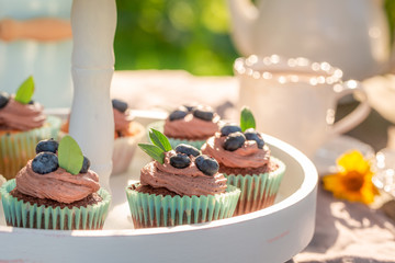 Tasty chocolate muffin served with coffee in garden