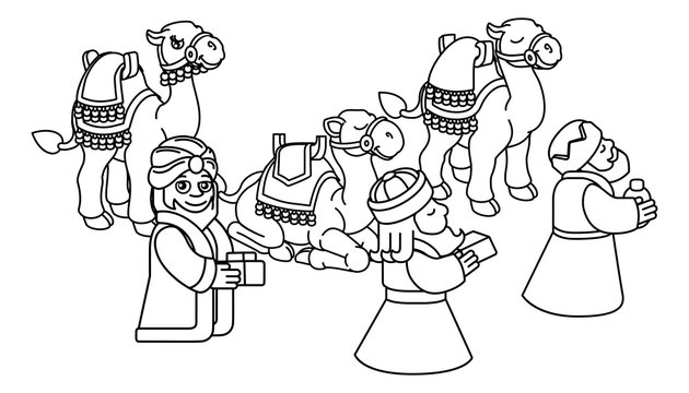 A Christmas nativity scene coloring cartoon, with with three wise men or magi and their camels arriving with their gifts. Christian religious illustration.