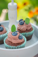 Homemade chocolate muffin made of cream and fresh berries