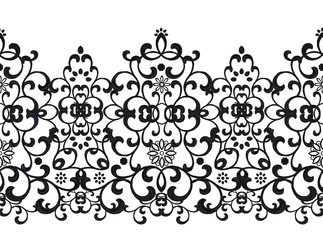 Seamless pattern border. Openwork weaving delicate, black lace, vintage old style arabesques. Edging decorative.