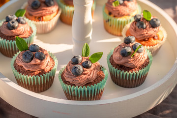 Closeup of cupcake with fresh blueberries and cream