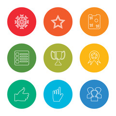 outline stroke audience, hand, thumb up, medal, trophy, list, strategy, star, snowflake, vector line icons set on rounded colorful shapes