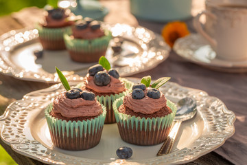 Homemade chocolate muffin served with coffee in garden