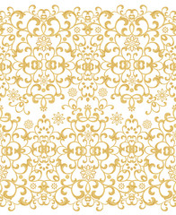 Seamless pattern. Golden textured curls. Oriental style arabesques. Brilliant lace, stylized flowers. Openwork weaving delicate, golden background.