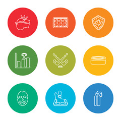 outline stroke water bottle, ice skate, hockey mask, puck, hockey, graph bar, emblem, goal, whistle, vector line icons set on rounded colorful shapes