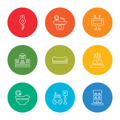 outline stroke building, parking, bathtub, meal, air conditioner, building, television, reception, room key, vector line icons set on rounded colorful shapes