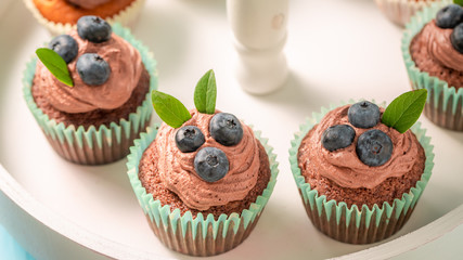 Fresh cupcake made of chocolate cream and berries