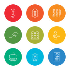 Fototapeta premium outline stroke passport, luggage, room service, doorknob, hotel, stairway, cutlery, menu, doorknob, vector line icons set on rounded colorful shapes