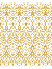 Seamless pattern. Golden textured curls. Oriental style arabesques. Brilliant lace, stylized flowers. Openwork weaving delicate, golden background.