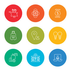 Fototapeta premium outline stroke laptop, hotel, luggage, slippers, location, suitcase, exchange, elevator, room service, vector line icons set on rounded colorful shapes