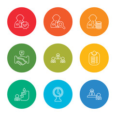 Fototapeta premium outline stroke interview, time, career, check list, interview, handshake, salary, recruitment, approval, vector line icons set on rounded colorful shapes