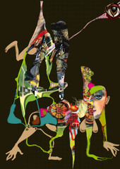 Obraz premium surreal creatures and people riding and crawling, over a green background