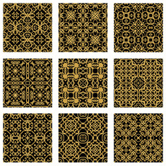 Set Golden textured curls. Oriental style arabesques. Brilliant lace, stylized flowers. Openwork weaving delicate, golden background. Seamless pattern.