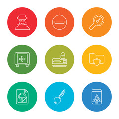 outline stroke fire, key, unlocked, files and folders, secure shopping, safebox, keyword, warning, hacker, vector line icons set on rounded colorful shapes