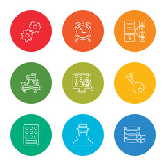 outline stroke server, spy, keypad, key, binary code, server, server, alarm, settings, vector line icons set on rounded colorful shapes