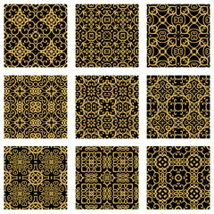 Set Golden textured curls. Oriental style arabesques. Brilliant lace, stylized flowers. Openwork weaving delicate, golden background. Seamless pattern.