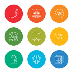 Fototapeta premium outline stroke file, shield, padlock, barbed wire, browsers, bug, visibility, password, usb cable, vector line icons set on rounded colorful shapes