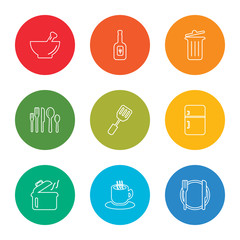 outline stroke dinner, tea cup, pot, fridge, spatula, cutlery, garbage, wine bottle, mortar, vector line icons set on rounded colorful shapes