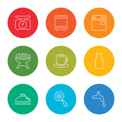 outline stroke tap, pan, dish, milk, tea cup, barbecue, dishwasher, freezer, weight, vector line icons set on rounded colorful shapes