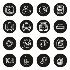 Honeymoon Trip Icons Freehand White On Black