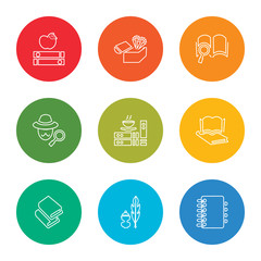 outline stroke agenda, pen, book, open book, book, detective, open treasure map, vector line icons set on rounded colorful shapes