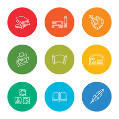 Fototapeta premium outline stroke quill, open book, abc, bookshelf, manuscript, spy, knight, books, book, vector line icons set on rounded colorful shapes