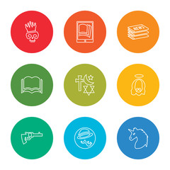 outline stroke unicorn, sherlock holmes, revolver, jesus, religion, open book, newspaper, ebook, yorick, vector line icons set on rounded colorful shapes