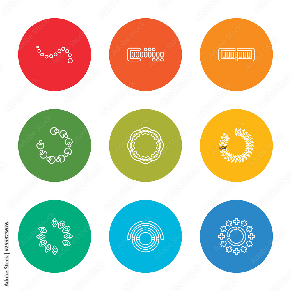 Poster outline stroke loading, loading, loading, vector line icons set on rounded colorful shapes