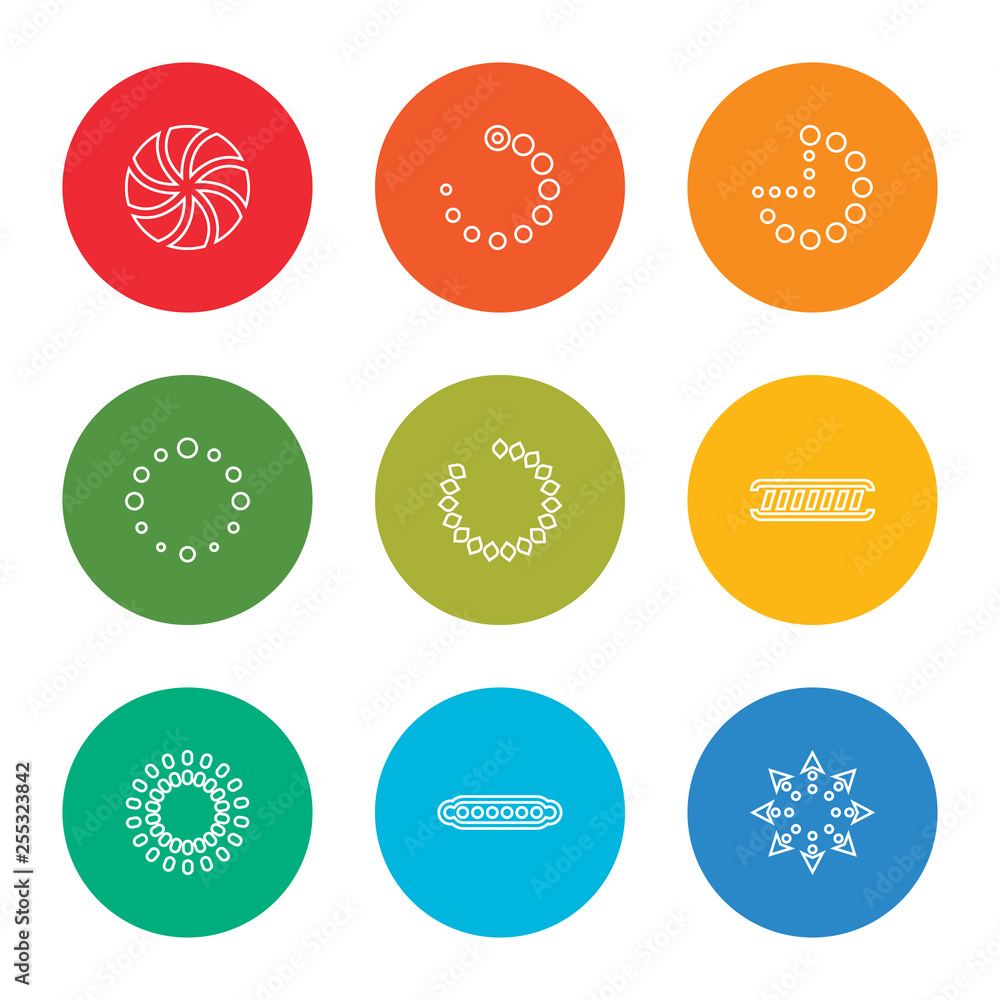 Poster outline stroke loading, loading, loading, vector line icons set on rounded colorful shapes