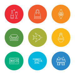 outline stroke cottage, helicopter, vip pass, perfume, airplane, armchair, wristwatch, shopping bag, champagne, vector line icons set on rounded colorful shapes