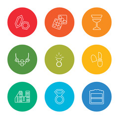 outline stroke picture, diamond ring, cityscape, lipstick, diamond ring, necklace, cup, dice, gems, vector line icons set on rounded colorful shapes