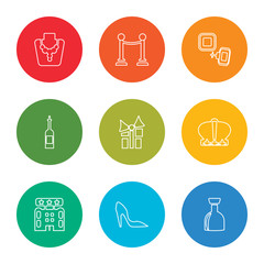outline stroke brandy, high heels, hotel, crown, gift, wine, cufflinks, fence, necklace, vector line icons set on rounded colorful shapes