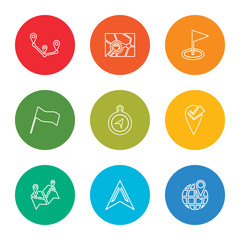 outline stroke worldwide, compass, map, placeholder, compass, flag, pin, map, route, vector line icons set on rounded colorful shapes