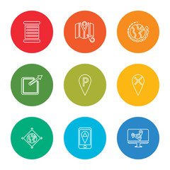 Fototapeta premium outline stroke location, location, worldwide, placeholder, placeholder, expand, world, map, parchment, vector line icons set on rounded colorful shapes