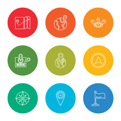 Fototapeta premium outline stroke flag, placeholder, compass, navigation, world, placeholder, placeholder, world, map, vector line icons set on rounded colorful shapes