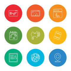 outline stroke location, link, profile, eticket, promotion, strategy, loading, velocity test, web graphic, vector line icons set on rounded colorful shapes