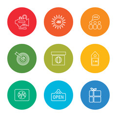 Fototapeta premium outline stroke gift, open, webcode, price, web package, target, conference, sale, video, vector line icons set on rounded colorful shapes