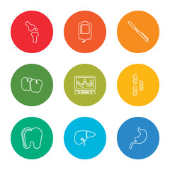 Fototapeta premium outline stroke stomach, pills, cardiogram, premolar, scalpel, blood transfusion, knee, femur, first aid kit, vector line icons set on rounded colorful shapes